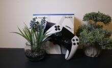 DualSense Edge Test: Bild zeigt den neuen Controller mit seiner Verpackung vor zwei Pflanzen.