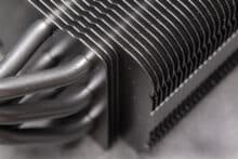Close-up of heat pipes and radiator fins