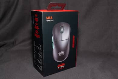 The outer packaging of the M68 Wireless from the front left