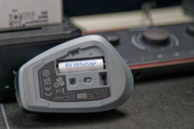 Bottom of the Cherry Stream Desktop Comfort mouse with battery inserted.