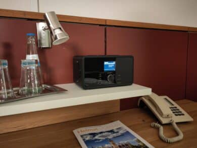 Majority Bard radio on shelf in hotel room