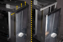 The front glass panel, which is secured at the top with 4 screws