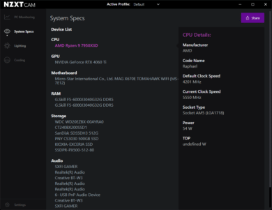 System specifications in the cam app