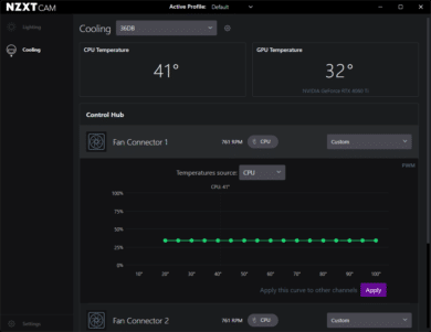 A fixed fan curve of 34% set in Cam