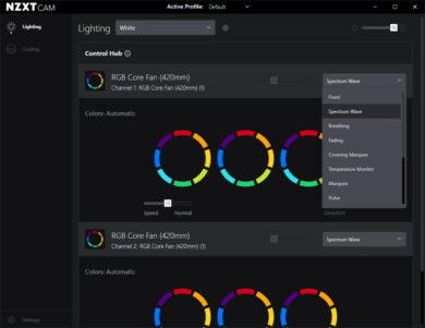 Overview of the RGB settings of the cam app