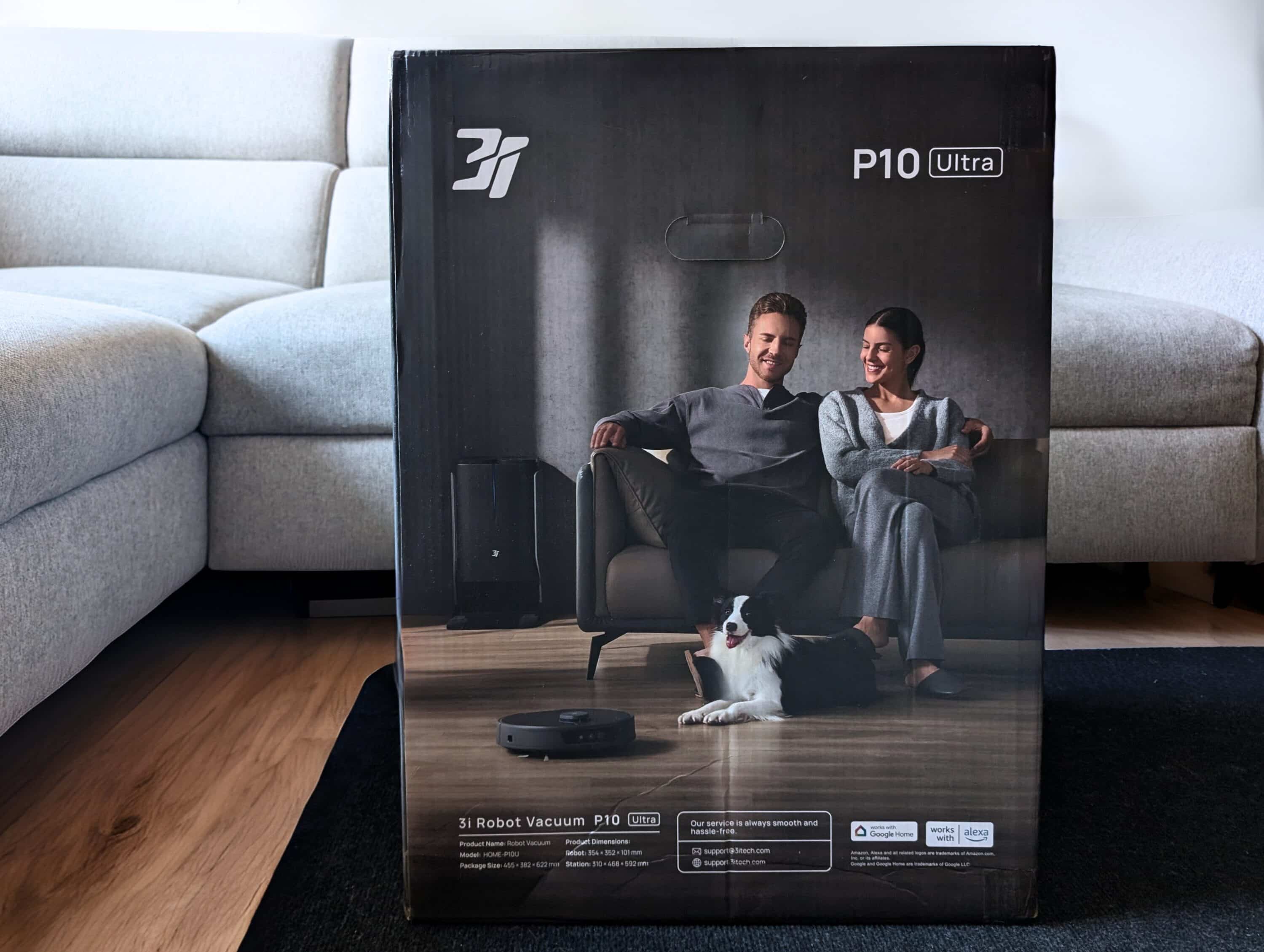 Packaging of the 3i P10 Ultra robot vacuum in front of a sofa