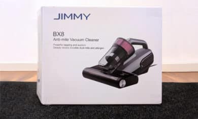 Packaging of the Jimmy BX8 dust mite vacuum cleaner with product image and model name.
