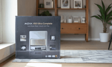 Packaging of the MOVA V50 Ultra Complete vacuum and mopping robot on carpet in the living room