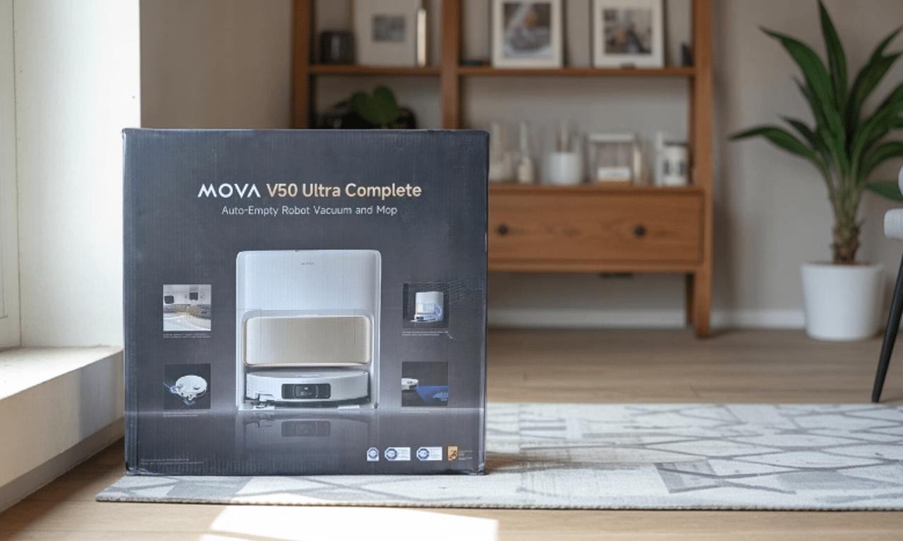 Packaging of the MOVA V50 Ultra Complete vacuum and mopping robot on carpet in the living room