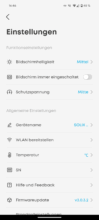App settings menu with options for display, protective voltage and WLAN
