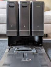 MOVA Z50 Ultra cleaning station frontal with three tanks and removable cleaning plate, shows complete three-tank system