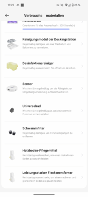 Narwal Freo Z10 App Consumables page with roller brush, sensors and cleaning agents