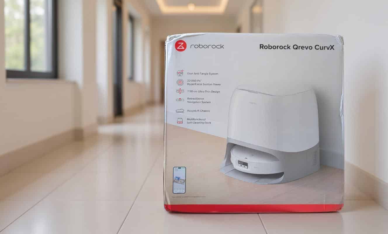 Packaging of the Roborock Qrevo CurvX robot vacuum cleaner in a hallway