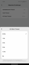 "AC current timeout" setting with options from 30 min. to "Never"