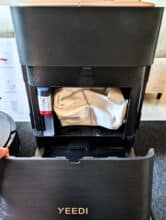 Open OMNI station of the Yeedi S16 Plus with dust bag and detergent tank